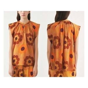 NEW Antik Batik Blouse Retro Floral Print Cap Sleeve Cotton Gauze Top Size XS